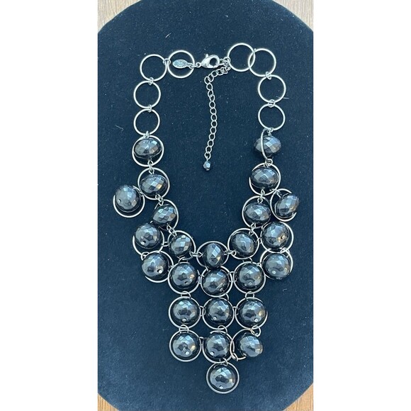Lydell Bib Statement Necklace Black Faceted Beads Metal Rings Chunky Fashion - Picture 2 of 8